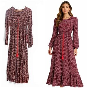 Elegant Red Patterned Maxi Dress Ptp 18 length from waist 38